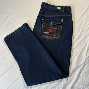 Coogi Jeans 40W 32L leather back pockets FLAWS(see pictures) condition dark Blue